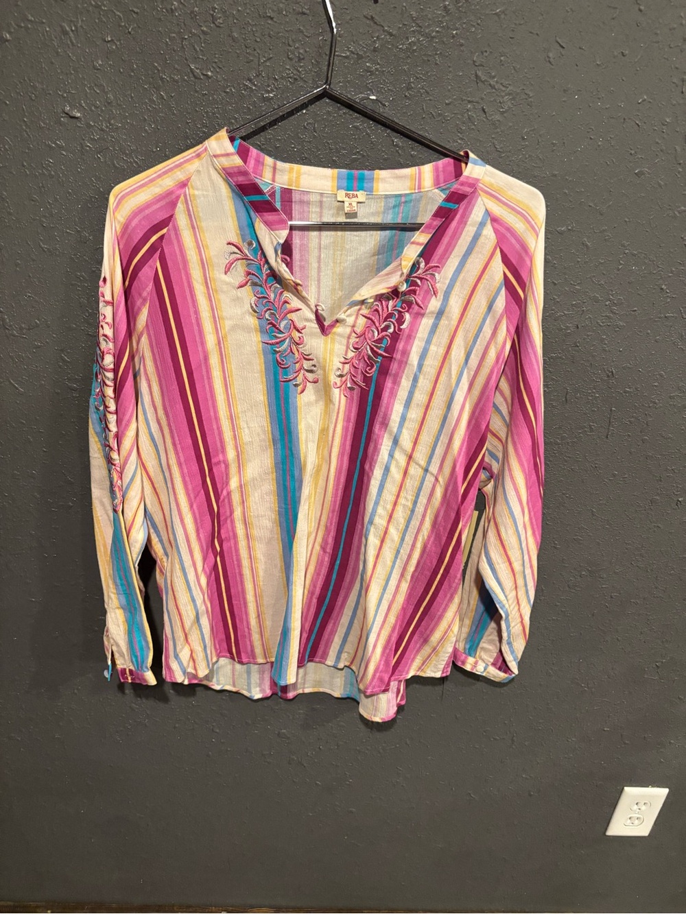 Women’s Reba Pink Multi-Stripe Embroidered V-Neck Top